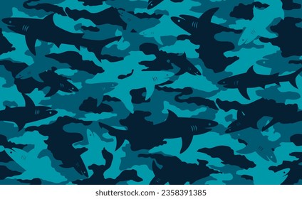 Seamless navy, blue and teal camouflage pattern with shark silhouettes