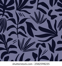 Seamless navy blue tropical leaf pattern on a muted background. Perfect for textiles, wallpaper, wrapping paper, branding, and digital designs. Modern, stylish, and nature-inspired.