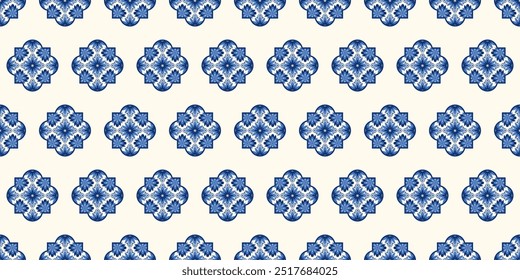 Seamless navy blue and white azulejo pattern inspired by traditional Mediterranean and Portuguese tiles. Ornate damask fabric swatch. Floral and geometric ethnic motifs. Moroccan ceramic background.