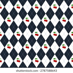 Seamless navy blue, white, and red argyle pattern with  geometric diamond design with a repeating cherry motif.