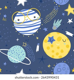 Padrão infantil perfeito da marinha com personagens engraçados de planetas. Textura de espaço de desenho animado moderno para tecido, vestuário, têxtil, papel de parede. Ilustração vetorial
