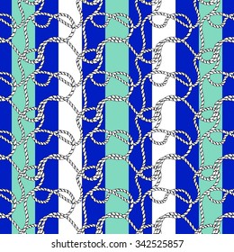 Seamless navy pattern with wavy ropes with vertical stripes. Marine textile collection. Blue. Backgrounds & textures shop.