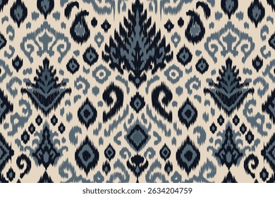 Seamless navy and teal ikat pattern background with ethnic geometric motifs. Traditional woven textile design perfect for fashion fabric, interior decor, wallpaper, wrapping paper, and crafts.