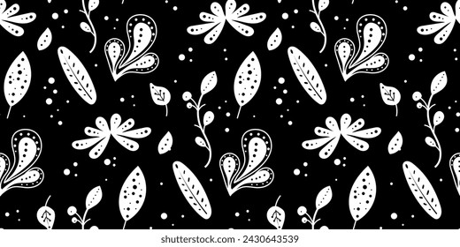 Seamless neo folk art vector pattern with flowers, black and white floral design. Neo folk style endless background perfect for textile design