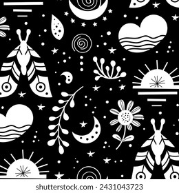 Seamless neo folk art vector pattern with butterfly, moth and flowers, black and white floral design. Neo folk style endless background perfect for textile design