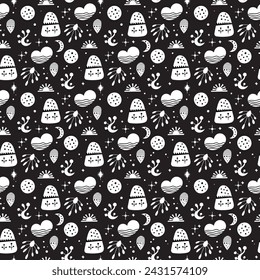 Seamless neo folk art vector pattern with mountains, moon and flowers, black and white floral design. Neo folk style endless background perfect for textile design