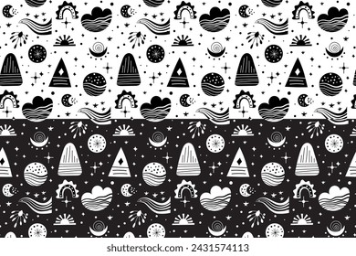 Patrón de vector de arte popular neo sin costuras con montañas, luna y flores, diseño floral en blanco y negro. Neo folk estilo sin fin de fondo perfecto para el diseño textil
