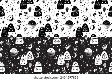 Seamless neo folk art vector pattern with mountains, moon and flowers, black and white floral design. Neo folk style endless background perfect for textile design.