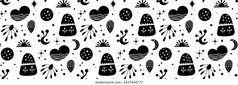 Seamless neo folk art vector pattern with mountains, moon and flowers, black and white floral design. Neo folk style endless background perfect for textile design