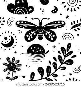Patrón de vector de arte popular neo sin costuras con mariposa, polilla y flores, diseño floral en blanco y negro. Neo folk estilo sin fin de fondo perfecto para el diseño textil