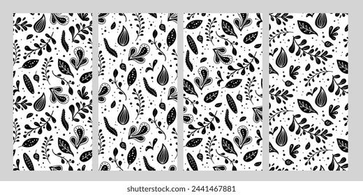 Seamless neo folk art vector patterns set with flowers, black and white floral design. Neo folk style endless background perfect for textile design.
