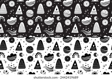 Seamless neo folk art vector pattern with mountains, moon and flowers, black and white floral design. Neo folk style endless background perfect for textile design