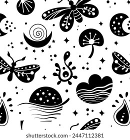 Seamless neo folk art vector pattern with butterfly, moth and flowers, black and white floral design. Neo folk style endless background perfect for textile design