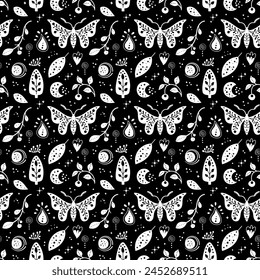 Seamless neo folk art vector pattern with butterfly, moth and flowers, black and white floral design. Neo folk style endless background perfect for textile design