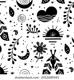 Patrón de Vector de arte popular neo sin costuras con mariposa, polilla y flores, diseño floral en blanco y negro. Neo folk estilo sin fin de fondo perfecto para el diseño textil