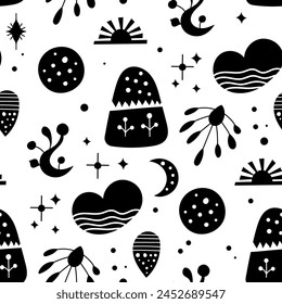 Seamless neo folk art vector pattern with mountains, moon and flowers, black and white floral design. Neo folk style endless background perfect for textile design