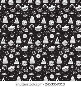 Seamless neo folk art vector pattern with mountains, moon and flowers, black and white floral design. Neo folk style endless background perfect for textile design