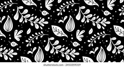 Seamless neo folk art vector pattern with flowers, black and white floral design. Neo folk style endless background perfect for textile design