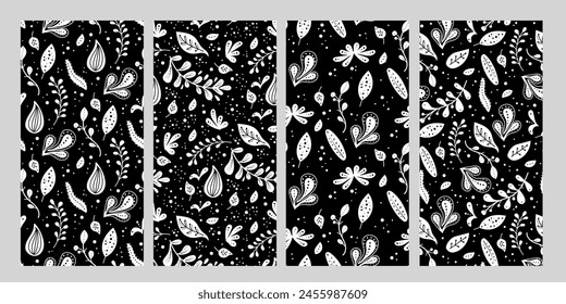 Seamless neo folk art vector patterns set with flowers, black and white floral design. Neo folk style endless background perfect for textile design