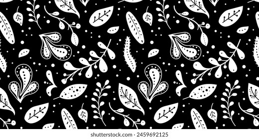 Seamless neo folk art vector pattern with flowers, black and white floral design. Neo folk style endless background perfect for textile design
