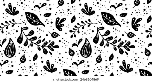 Seamless neo folk art vector pattern with flowers, black and white floral design. Neo folk style endless background perfect for textile design