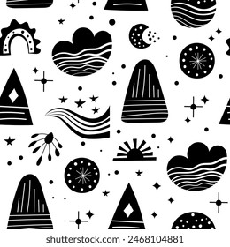 Seamless neo folk art vector pattern with mountains, moon and flowers, black and white floral design. Neo folk style endless background perfect for textile design