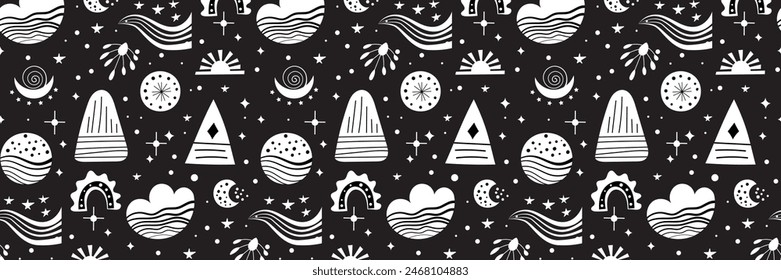 Seamless neo folk art vector pattern with mountains, moon and flowers, black and white floral design. Neo folk style endless background perfect for textile design