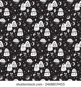 Patrón de Vector de arte popular neo sin costuras con montañas, luna y flores, diseño floral en blanco y negro. Neo folk estilo sin fin de fondo perfecto para el diseño textil