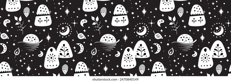 Seamless neo folk art vector pattern with mountains, moon and flowers, black and white floral design. Neo folk style endless background perfect for textile design