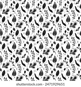 Seamless neo folk art vector pattern with flowers, black and white floral design. Neo folk style endless background perfect for textile design
