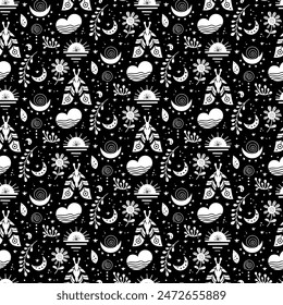 Seamless neo folk art vector pattern with butterfly, moth and flowers, black and white floral design. Neo folk style endless background perfect for textile design