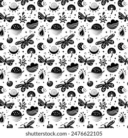 Patrón de Vector de arte popular neo sin costuras con mariposa, polilla y flores, diseño floral en blanco y negro. Neo folk estilo sin fin de fondo perfecto para el diseño textil