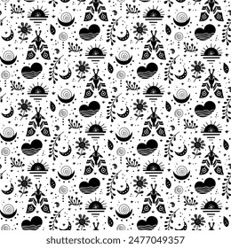 Seamless neo folk art vector pattern with butterfly, moth and flowers, black and white floral design. Neo folk style endless background perfect for textile design