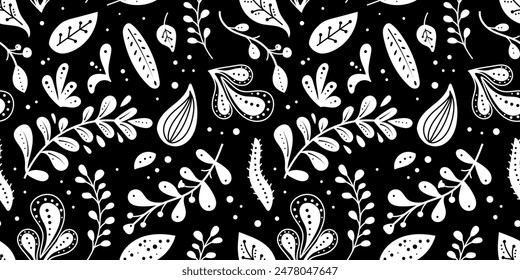 Seamless neo folk art vector pattern with flowers, black and white floral design. Neo folk style endless background perfect for textile design