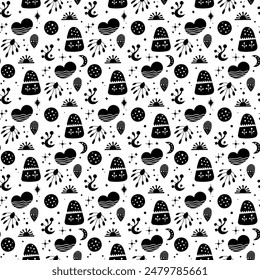 Seamless neo folk art vector pattern with mountains, moon and flowers, black and white floral design. Neo folk style endless background perfect for textile design