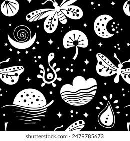 Seamless neo folk art vector pattern with butterfly, moth and flowers, black and white floral design. Neo folk style endless background perfect for textile design