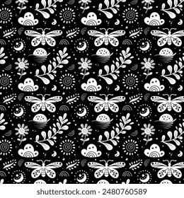 Nahtloses Neo-Volkskunst-Vektorgrafik-Muster mit Schmetterling, Motte und Blumen, Schwarz-Weiß-Blumenmuster. Neo Folk Style Endloshintergrund perfekt für Textildesign