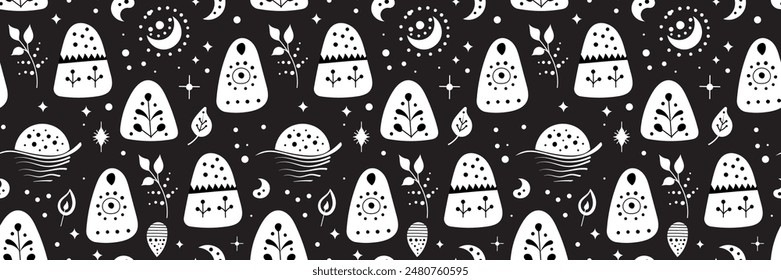 Seamless neo folk art vector pattern with mountains, moon and flowers, black and white floral design. Neo folk style endless background perfect for textile design