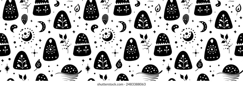 Seamless neo folk art vector pattern with mountains, moon and flowers, black and white floral design. Neo folk style endless background perfect for textile design