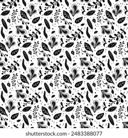Seamless neo folk art vector pattern with flowers, black and white floral design. Neo folk style endless background perfect for textile design