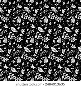 Patrón de Vector de arte popular neo sin costuras con flores, diseño floral en blanco y negro. Neo folk estilo sin fin de fondo perfecto para el diseño textil