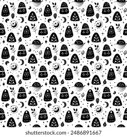 Seamless neo folk art vector pattern with mountains, moon and flowers, black and white floral design. Neo folk style endless background perfect for textile design