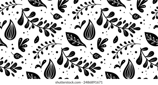 Seamless neo folk art vector pattern with flowers, black and white floral design. Neo folk style endless background perfect for textile design