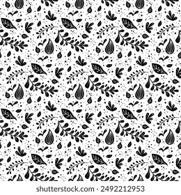 Nahtloses Neo-Volkskunst-Blumenmuster mit Vektorgrafiken, schwarz-weißes Blumendesign. Neo Folk Style Endloshintergrund perfekt für Textildesign