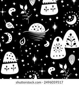 Seamless neo folk art vector pattern with mountains, moon and flowers, black and white floral design. Neo folk style endless background perfect for textile design