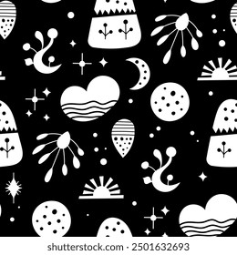 Nahtloses Neo-Folk-Art-Vektormuster mit Bergen, Mond und Blumen, schwarz-weißem Blumendesign. Neo Folk-Stil endlosen Hintergrund perfekt für Textil-Design