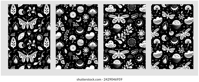 Seamless neo folk pattern with butterfly, moth and flowers, black and white floral design. Set Neo folk style endless backgrounds perfect for textile design
