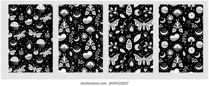 Seamless neo folk pattern with butterfly, moth and flowers, black and white floral design. Set Neo folk style endless backgrounds perfect for textile design.