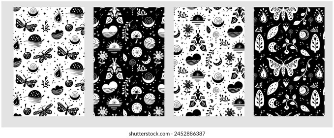 Seamless neo folk pattern with butterfly, moth and flowers, black and white floral design. Set Neo folk style endless backgrounds perfect for textile design