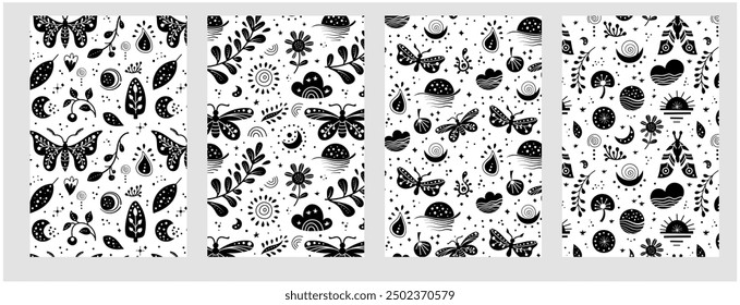Modelo inconsútil del neo folk con la mariposa, la polilla y las flores, diseño floral blanco y negro. Conjunto de fondos interminables de estilo popular Neo perfectos para el diseño textil